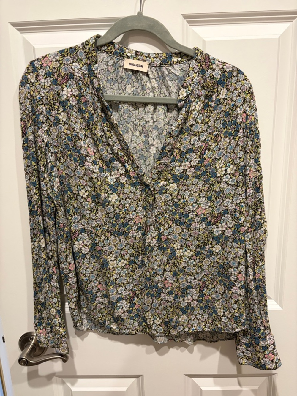 Zadig & Voltaire Floral V-Neck Blouse in Blue, Green & Pink